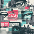 Abstract seamless pattern with fragments of urban landscapes, human eyes, headlines. Chaotic vector background on the theme of city life in modern style. Suitable for wallpaper, wrapping paper, fabric