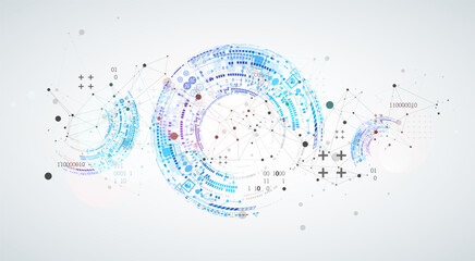 Abstract background with plexus effect. Scientific and technological concept with the use of technical elements formed in the shape of a circle.