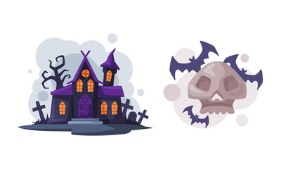 Wall Mural - Scary gothic house and flying bats. Witchcraft attributes, halloween objects cartoon vector illustration