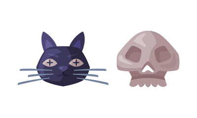 Poster - Scary black cat head and skull bone. Witchcraft attributes, halloween objects cartoon vector illustration