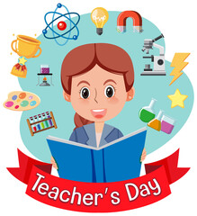 Poster - Cartoon portrait of a female teacher with Teacher's Day banner