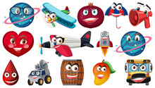 Set Of Different Toy Objects With Smiley Faces