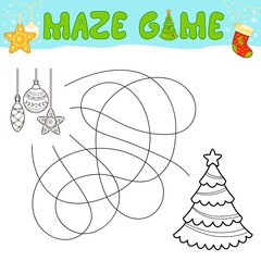 Wall Mural - Christmas Maze puzzle game for children. Outline maze or labyrinth. Find path game with christmas tree and decorations.