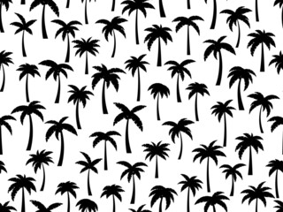 Wall Mural - Seamless pattern with black silhouettes of palm trees on a white background. Tropical palms with different leaf shapes. Design for printing on fabric, wrapping paper and banners. Vector illustration