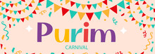 Happy Purim. Jewish Holiday Background And Carnival Funfair Banner With Carnival Masks And Traditional Jewish Items. Vector Illustration