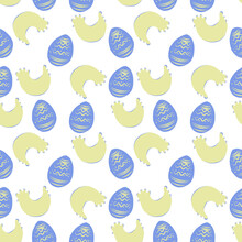 A Color Pattern Of Easter Eggs And Chicken On A White Background.