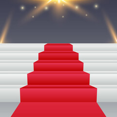 The red carpet is spread out on the steps of the stairs leading up to the bright illumination. 3 D. Vector illustration.