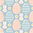 Seamless retro easter pattern with ornamental eggs and happy bunny, pastel color vector.