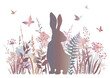 Floral background with rabbit, wildflowers and butterflies in pastel colors. Easter background.