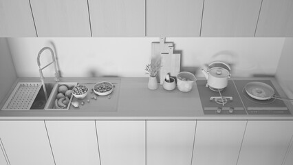 Wall Mural - Total white project, modern kitchen, sink with fruit, hob with pot, fried egg in a pan. Vase with spikes, wooden cutting boards. Top view, above with copy space, interior design