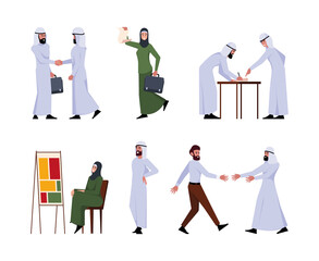 Canvas Print - Arabic business. Traditional ethnic arabs partnership saudi workers office people meeting garish vector persons in action poses talking sitting