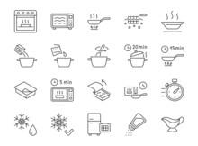 Ready To Eat Food Package Line Icons. Vector Outline Illustration With Icon - Microwave Oven, Salt Shaker, Boil, Bake, Vent Tray. Pictogram For Semifinished Meal Prepare Instruction. Editable Stroke