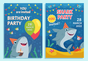 Canvas Print - Invitation kids party. Print poster template with cute funny mascot cartoon shark and place for personal text exact vector picture set