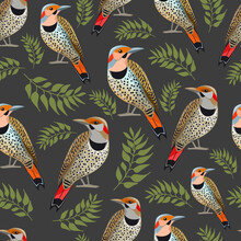 Seamless Pattern With Sitting Birds And Leaves. Northern Flicker Birds And Sprigs With Leaves Isolated On Dark Gray Background. Vector Illustration. Cartoon.