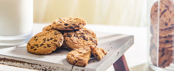 Wall Mural - oatmeal chocolate chips cookies and milk served for breakfast on natural background, healthy lifestyle and eating