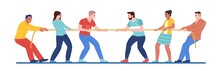 Pulling Rope People. Two Groups Opposition. Men And Women Playing Tug Of War. Team Game. Competitors Confrontation. Characters In Casual Clothes. Strength Competition. Vector Concept