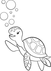 Coloring page. Cute little baby sea turtle swims and smiles underwater.