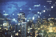 © Pixels Hunter - Abstract creative financial graph interface and world map on San Francisco skyline background, forex and investment concept. Multiexposure