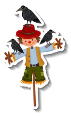 Poster - Scarecrow boy on wooden stick with many crows