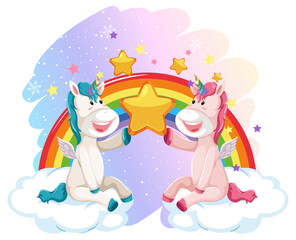 Wall Mural - Two unicorns sitting on clouds with rainbow