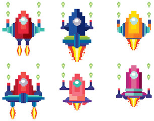 Wall Mural - Set of pixel game spaceships isolated