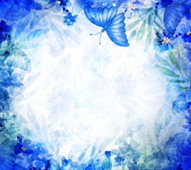 Wall Mural - Floral, blue, bokeh background.  Abstract flora and butterflies. Illustration.