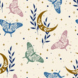 © Любовь Овсянникова - Elegant celestial seamless pattern with herbs. Boho magic background with space elements stars, butterflies. Vector doodle texture.