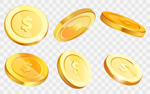 Isometric Gold Coins With Dollar Sign In Various Projections. Gold Money Cash Symbol Isolated On White Background. Banking, Business, Financial Operations For Web Apps Infographics Vector Illustration