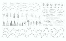 Northern Landscape Minimalist Style Elements Collection, Mountains, Snow Drifts, Trees, Plants, Moss, Lichen, Textures, Isolated On White. Hand Drawn Vector Illustration. Tundra Scene Creator