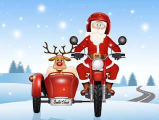 Sticker - illustration of Santa Claus on sidecar brings gifts