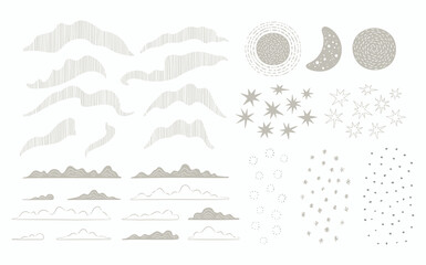 celestial, weather minimalist style elements collection, northern lights, clouds, sun, moon, stars, 