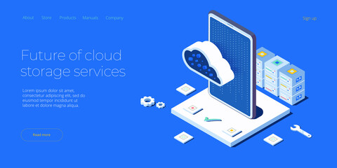 Wall Mural - cloud storage download isometric vector illustration. digital service or app with data transfering. 