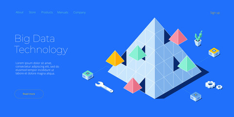 Wall Mural - Big data technology in isometric vector illustration. Information storage and analysis system. Digital technology website landing page template.