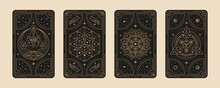 Tarot Cards. Gypsy Card, Witches Symbol For Lovers Mystical Ritual. Divination And Astrology Magical Frames Set, Line Magic Graphics. Tidy Occult Vector Elements