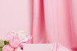 © Natureveryday - Spring empty podium with tulips flowers on pink background. Design, cosmetics and perfume display showcase