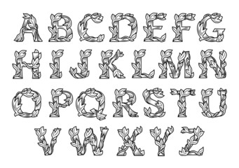 Wall Mural - Capital Letters Decorated with Floral Ornament in Vintage Engraving Style. Black and White Hand Drawn Medieval Decorative Font. Good for Monogram. Line Art Alphabet. Set of Isolated Vectors
