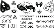 Magical Witchy Occult Signs. Mystical Symbols. As Above So Below, Witchy Woman Lettering, Ouija, Triple Moon, Moon Phases