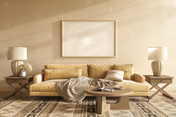 Boho scandi interior design living room. Mockup picture frame on empty wall. 3d render illustration Japandi style warm beige color.