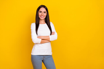 Sticker - Photo of young cheerful woman crossed hands corporate economist isolated over yellow color background