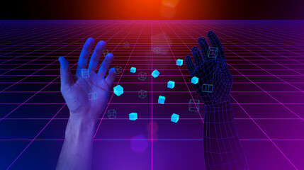 Metaverse background concept. 3D hands in virtual reality VR are connected in a big data sphere. Technology, artificial intelligence, business concept.