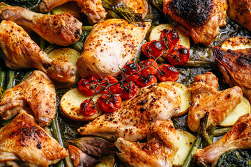 A baking sheet with various portions of fried chicken meat. A set of fried chicken fillet, thigh, wings, strips and legs on the background of the culinary table with spices and cherry tomatoes