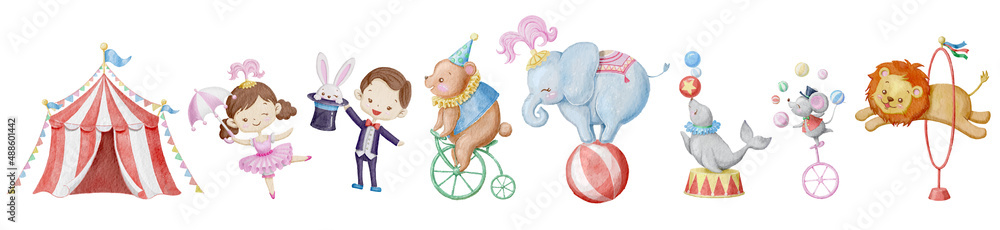 Cute circus cartoon vector illustration set. Watercolor illustrations ...