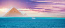 Sunset Red Sea With White Yacht Background Egyptian Pyramid Cairo, Egypt
