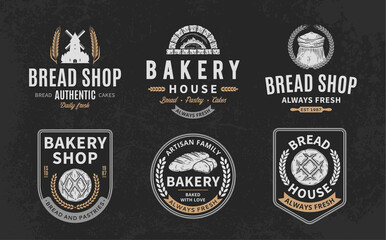 Wall Mural - Bakery and bread logo, icons and design elements on a dark background