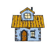 European Medieval House. Village Building. Old House With Chimney. Cartoon Retro Illustration.