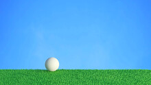 White Golf Ball On Green Grass Field Blue Clear Sky In A Fresh Day 3D Rendering