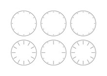 Set Of Six Options Analog Clock Dials On White Background. Round Dial Set