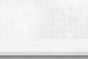 Wall Mural - Empty white marble table top with blur tile wall bathroom background