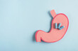Stomach decorative model with pills on light blue background. Digestion concept, heartburn, treatment and pain relief. Top view, flat lay, copy space