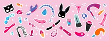 Collection Of Stickers Of Sex Toys. Vector Illustration. Sex Shop.
